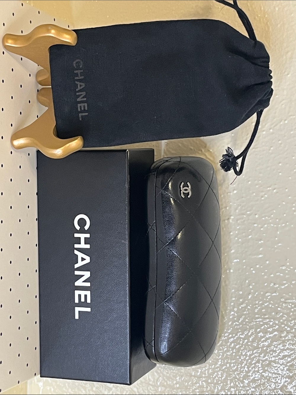 Authentic, CHANEL, Black Leather, Quilted Glasses Case with Dust Pouch and Box.
